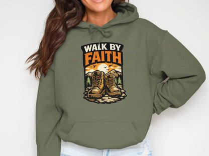 Green hoodie with "Walk by Faith" text and hiking boots graphic.