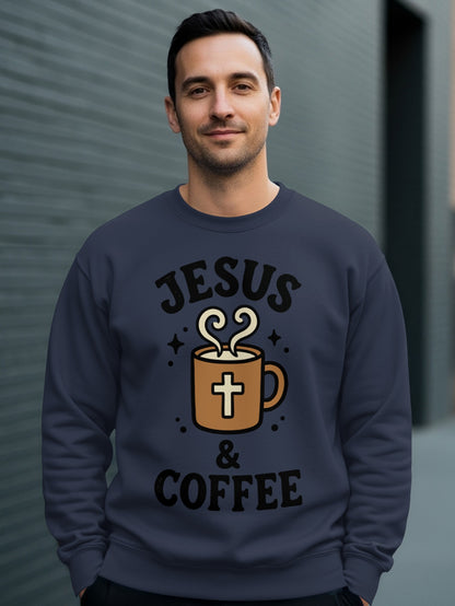 Man wearing navy sweatshirt with "Jesus & Coffee" graphic featuring a coffee cup and cross.