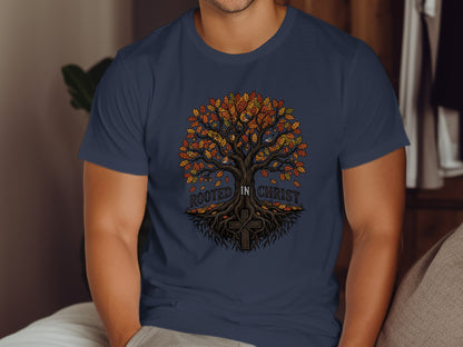 Navy t-shirt with a colorful tree of life and a cross on the roots.