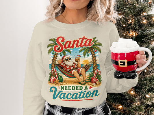 Santa in a hammock on a beach, wearing sunglasses, with palm trees and Christmas decorations.