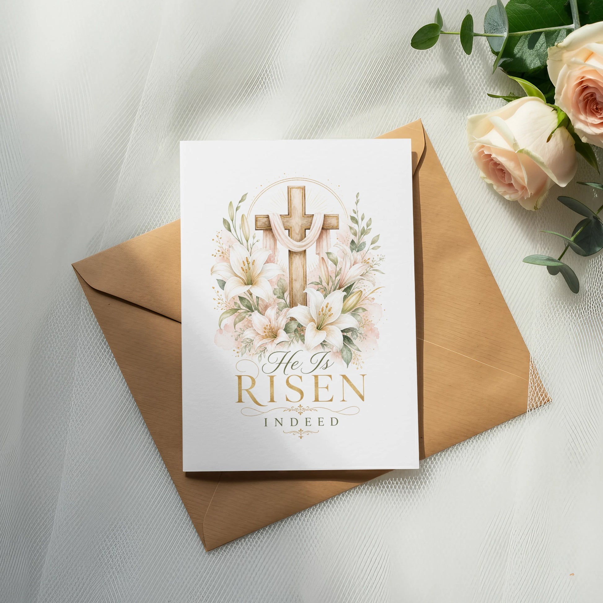 Easter card with "He Is Risen Indeed" text and floral cross design.
