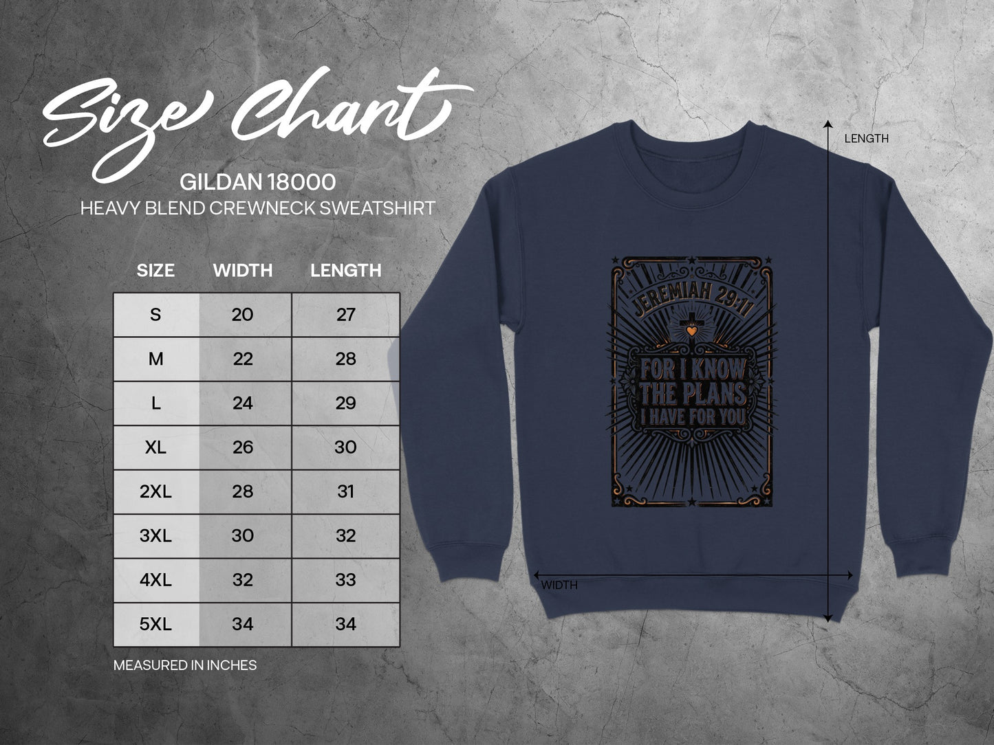 Gildan 18000 sweatshirt size chart with Jeremiah 29:11 graphic.