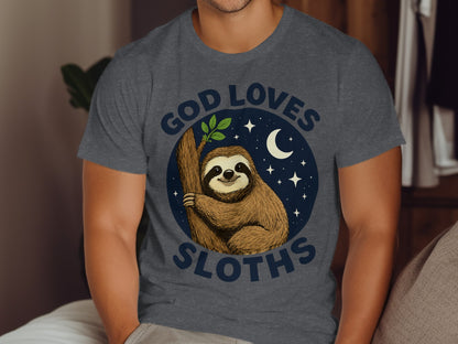 Sloth on tree branch with "God Loves Sloths" text and starry night sky.