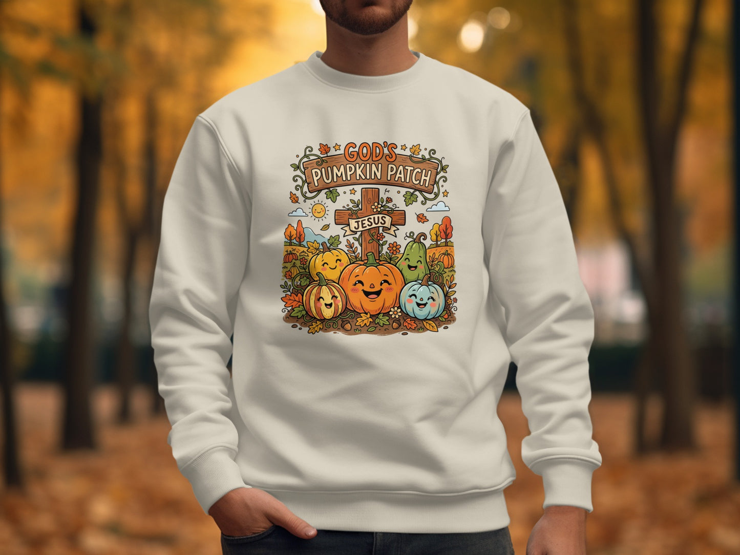 Crewneck sweatshirt with cartoon pumpkins and "God's Pumpkin Patch Jesus" text.