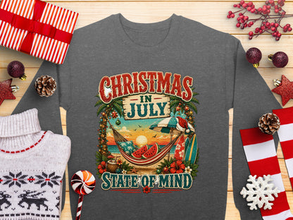 Christmas in July State of Mind graphic with hammock and beach scene.