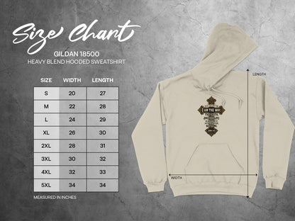 Gildan 18500 hooded sweatshirt size chart with measurements in inches and John 14:6 verse.