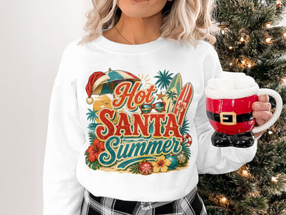 "Hot Santa Summer" graphic with beach elements and a Christmas mug.