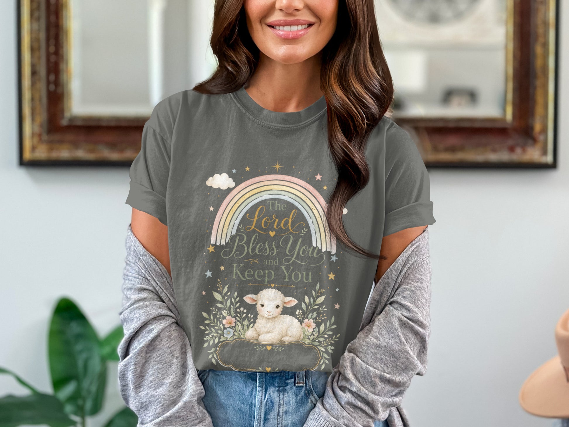 Gray t-shirt with pastel rainbow, lamb, and text "The Lord Bless You and Keep You."