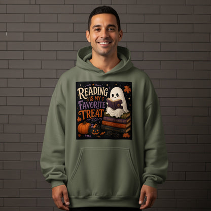 Ghost reading on books with text "Reading is my favorite treat" and Halloween decor.