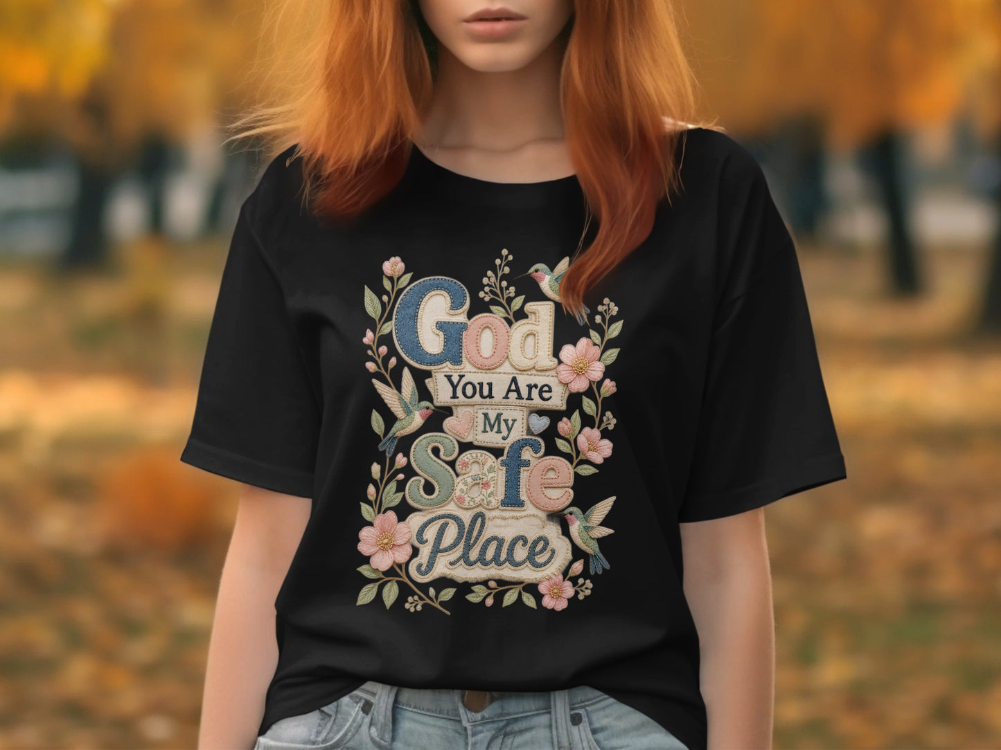 Black t-shirt with "God You Are My Safe Place" floral text and birds design.