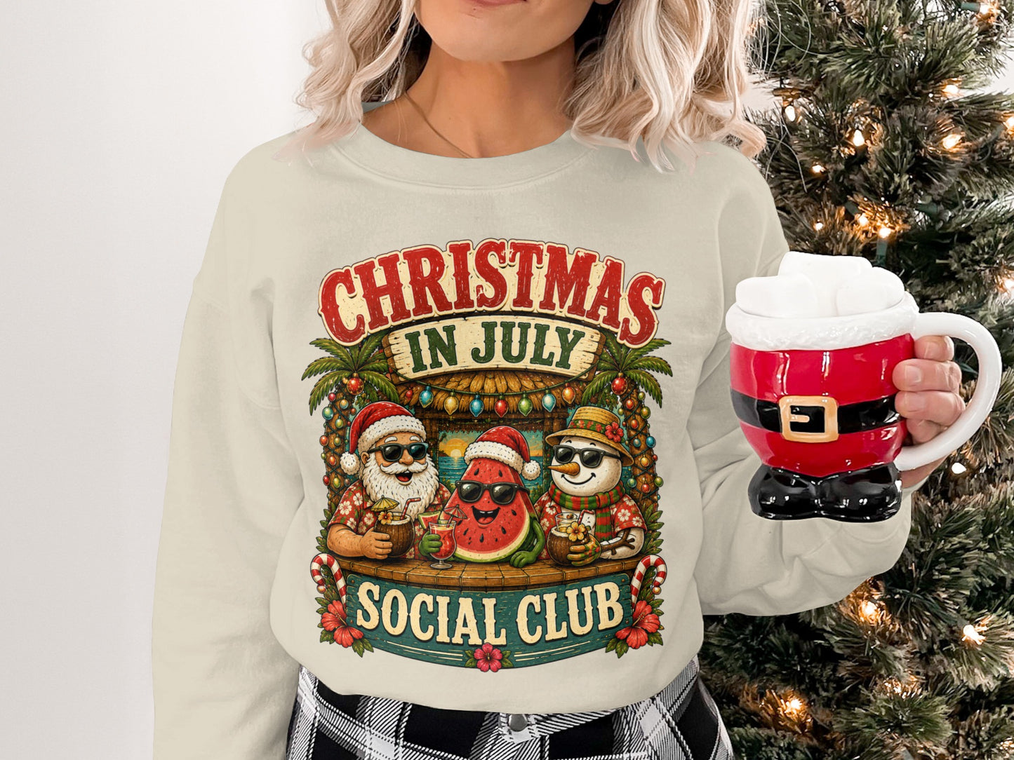 Christmas in July Social Club graphic with cartoon Santa, watermelon, and snowman characters.