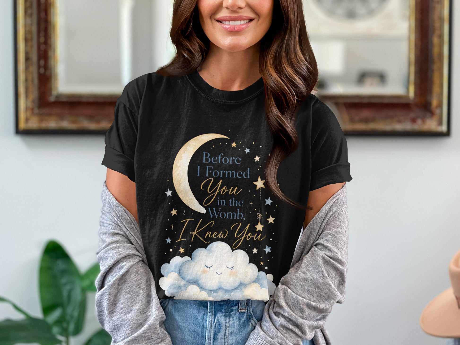 Black t-shirt with crescent moon, stars, and "Before I Formed You in the Womb, I Knew You" text.