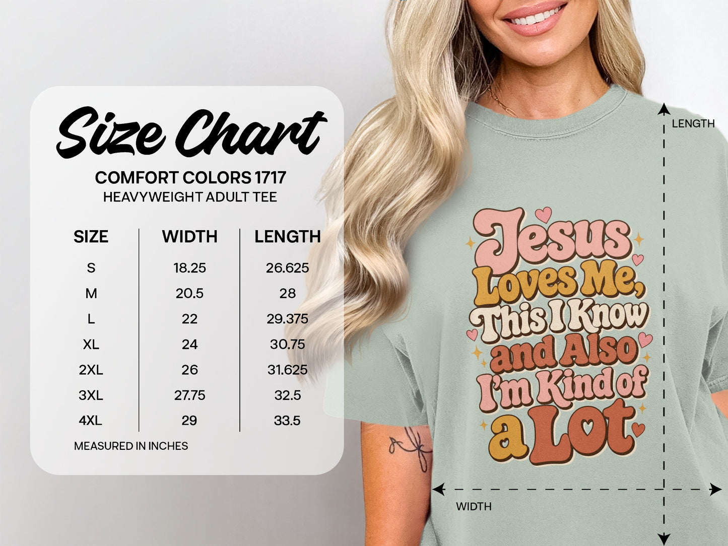 Comfort Colors 1717 heavyweight adult tee size chart with measurements.