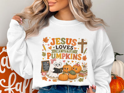 Jesus loves my little pumpkins, a ghost reads bible with pumpkins.
