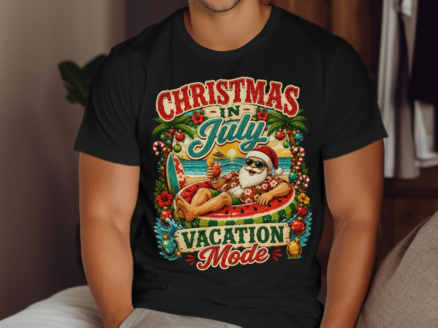 Santa in sunglasses relaxes on an inflatable watermelon, wearing a shirt that says "Christmas in July Vacation Mode".