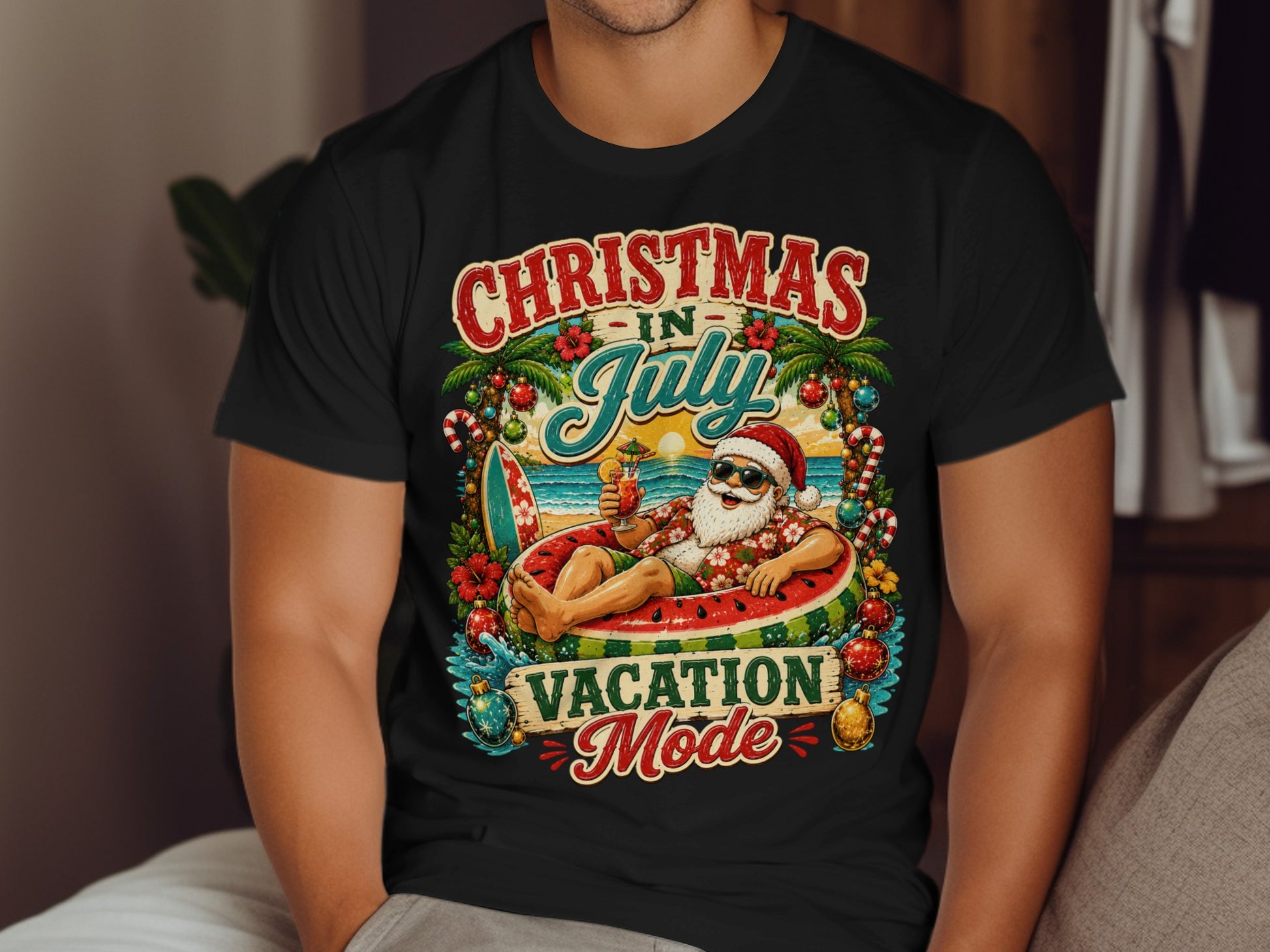 Santa in sunglasses relaxes on an inflatable watermelon, wearing a shirt that says "Christmas in July Vacation Mode".