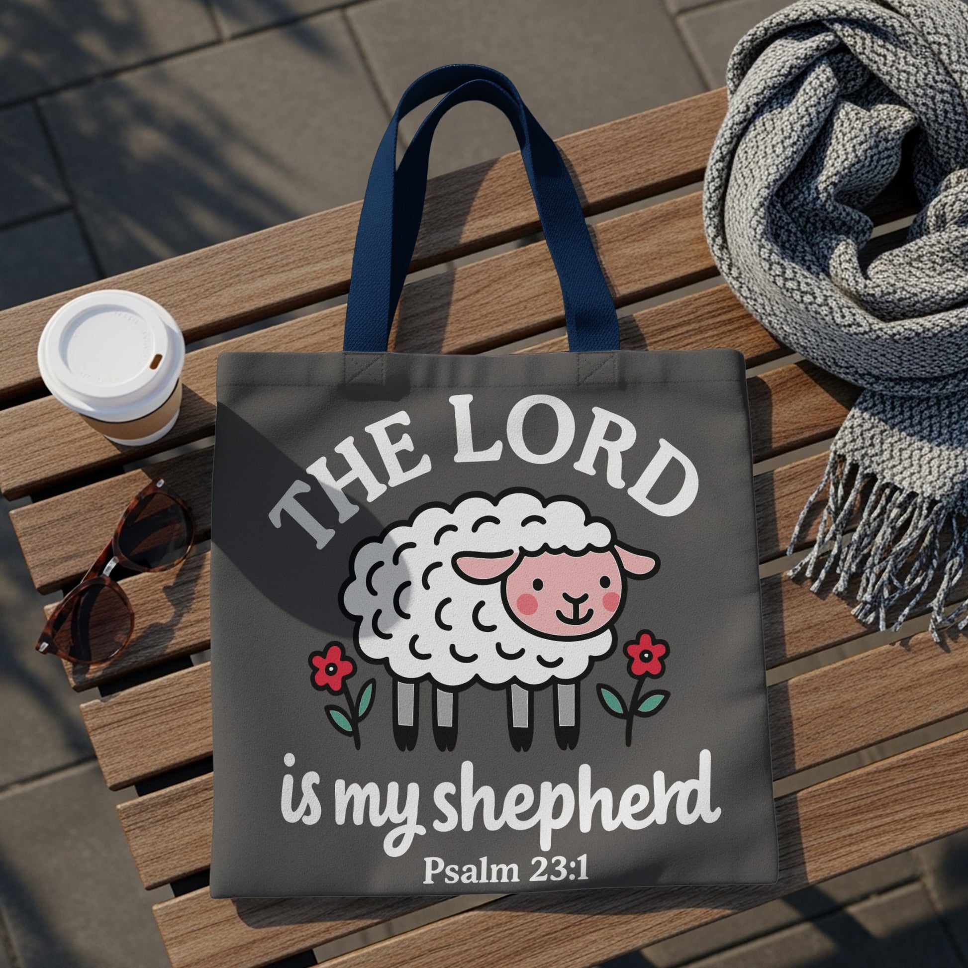 Dark gray tote bag with "The Lord is my shepherd" and Psalm 23:1.
