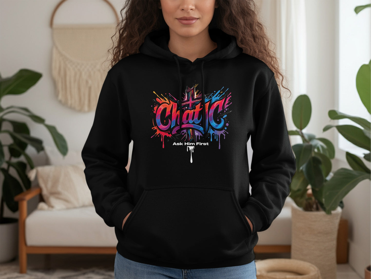 Black Hoodie Chat G Ask Him First Colorful Design product type