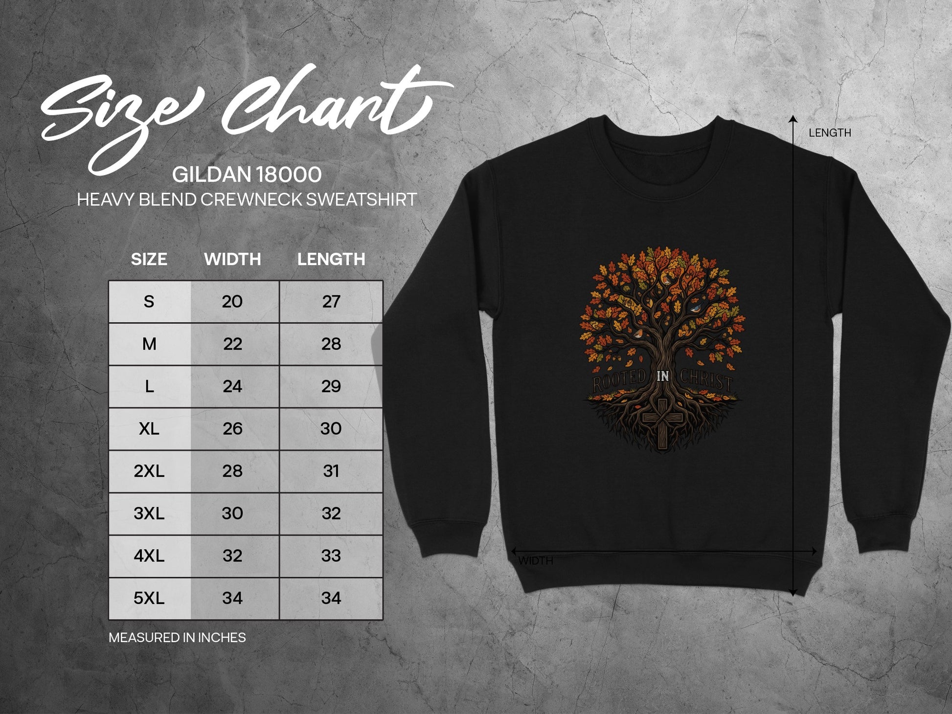 Size chart for Gildan 18000 sweatshirt with "Rooted in Christ" graphic.