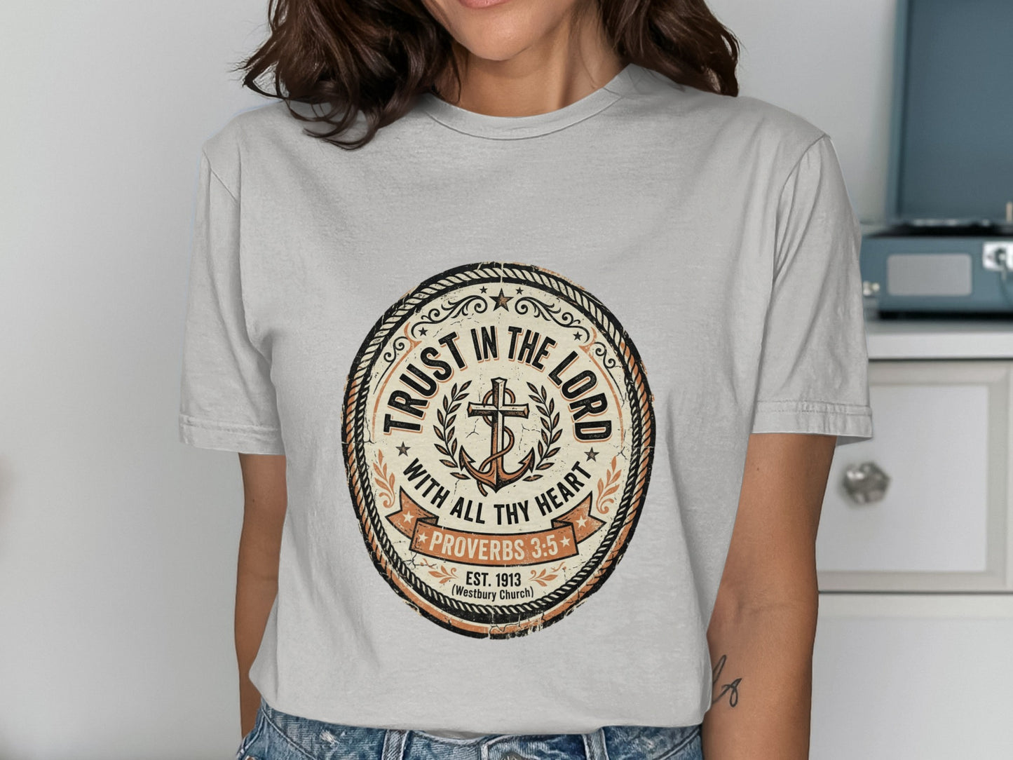 T-shirt with "Trust in the Lord" circular design and Proverbs 3:5.