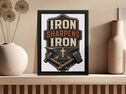 Black framed artwork with "Iron Sharpens Iron" text, anvil, hammers, and cross.