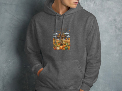 Dark gray hoodie with a fall harvest graphic featuring pumpkins and corn stalks.