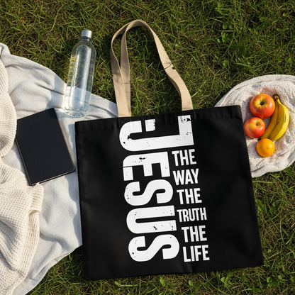 Black tote bag with white text "JESUS THE WAY THE TRUTH THE LIFE".