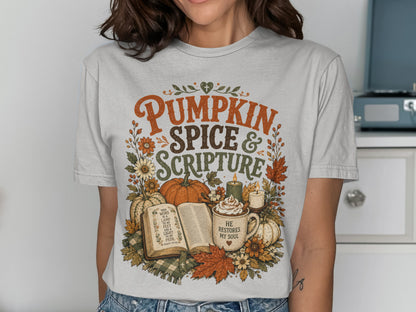 White t-shirt with "Pumpkin Spice & Scripture" and Psalm 119:105 design.