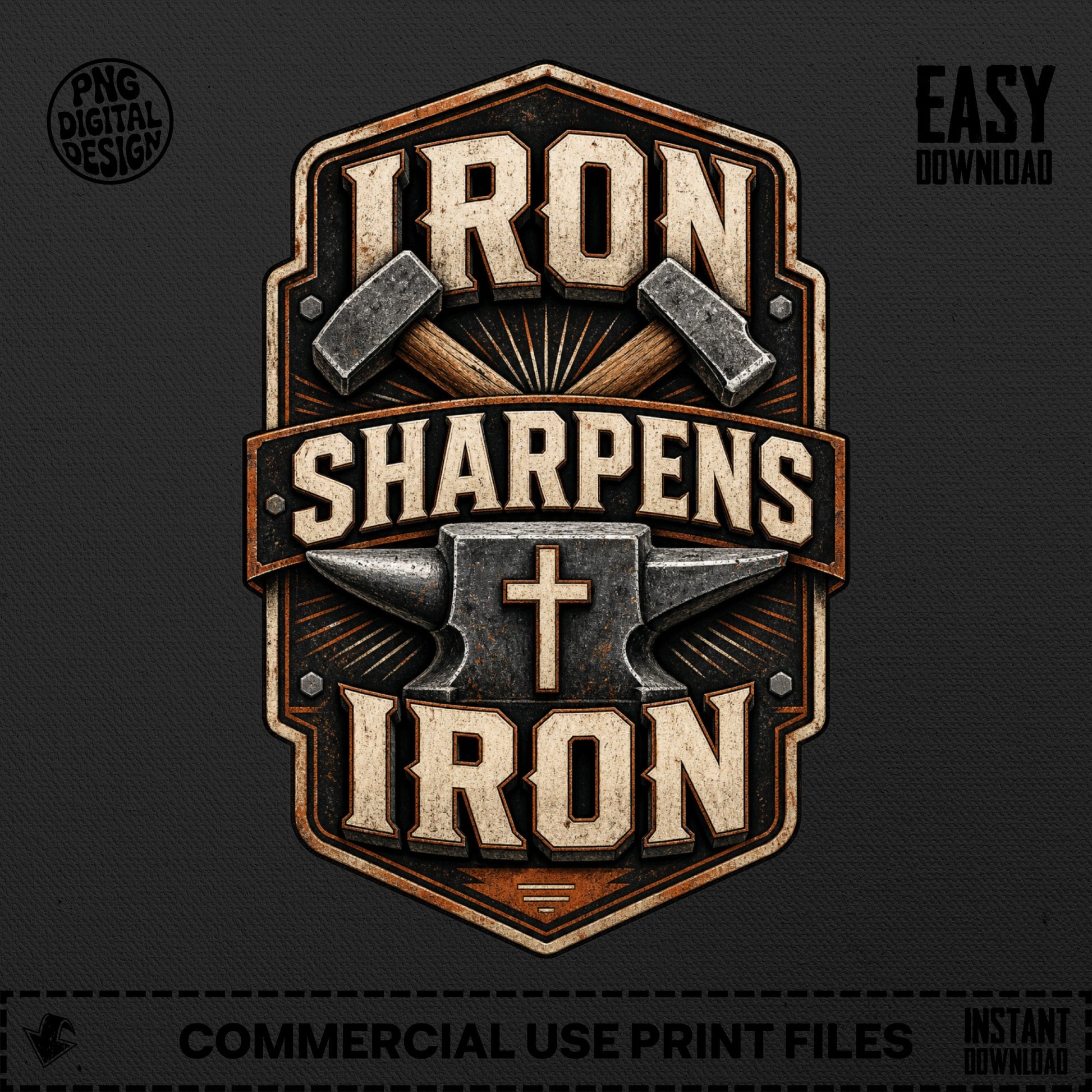 Emblem with hammers, anvil, cross, and text "IRON SHARPENS IRON".