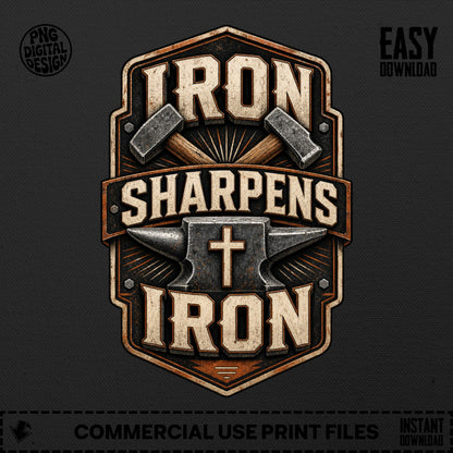 Emblem with hammers, anvil, cross, and text "IRON SHARPENS IRON".