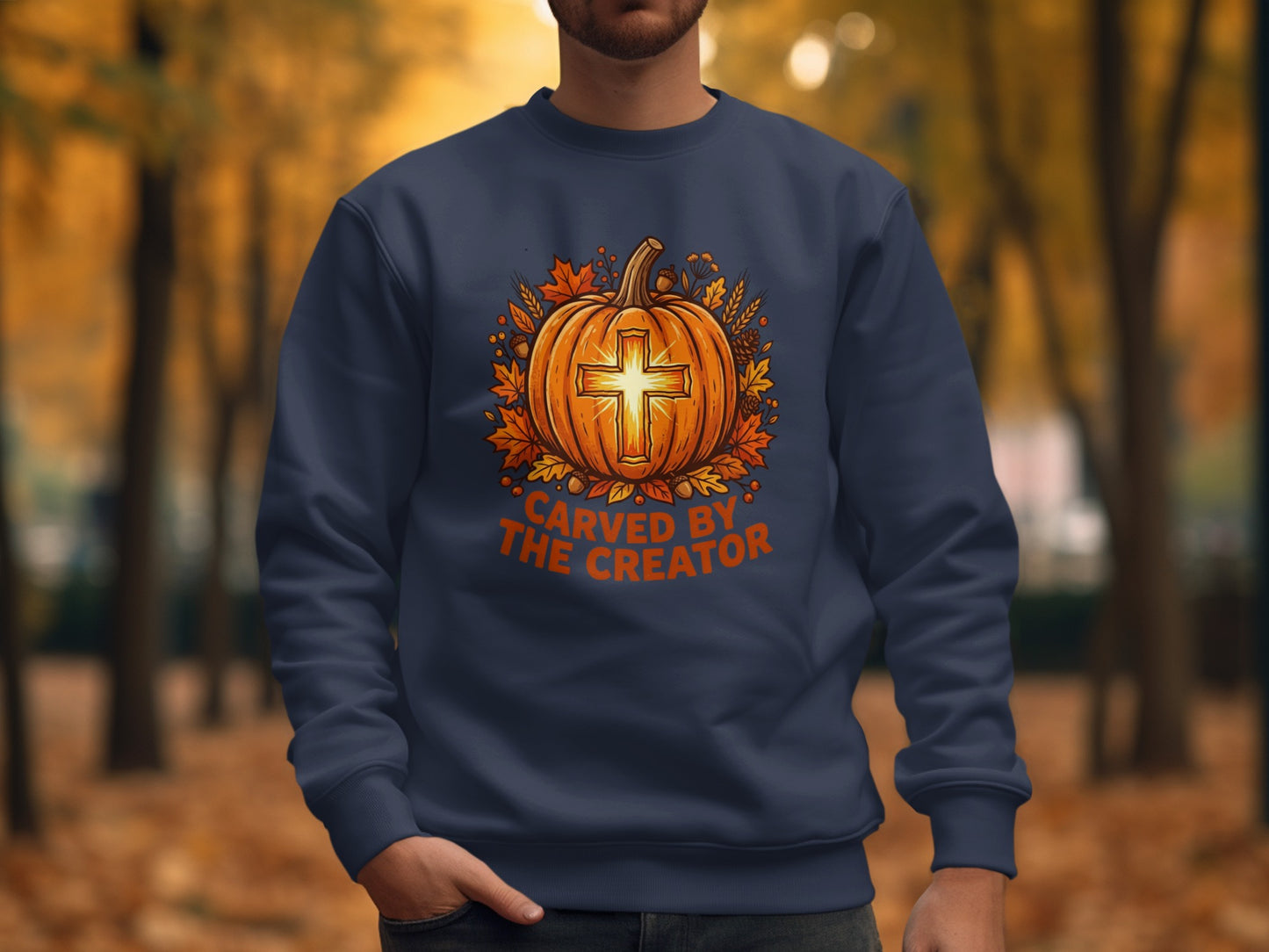 Navy sweatshirt with a graphic of a glowing cross inside a pumpkin wreath.