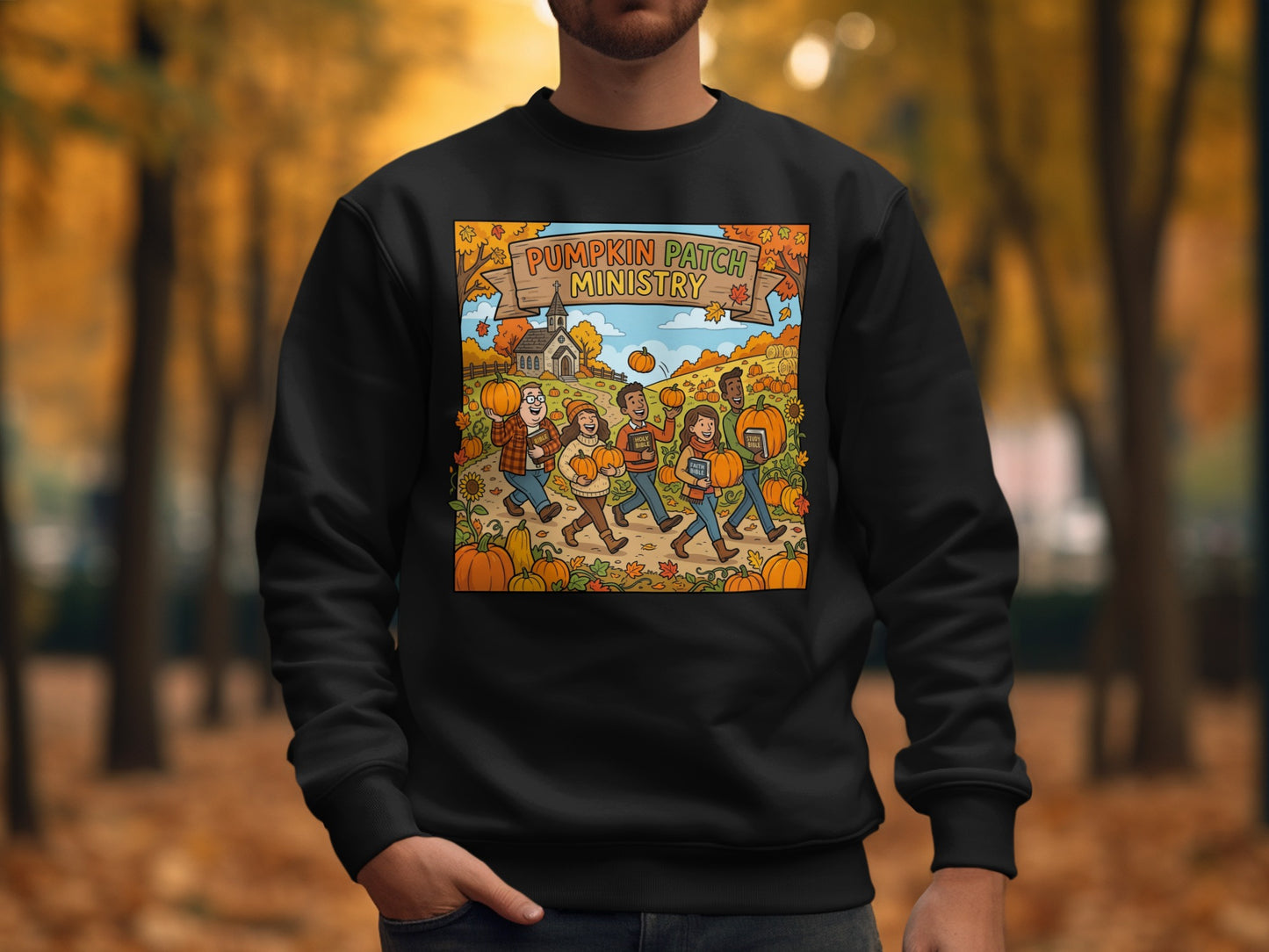 Cartoon illustration of people walking at a pumpkin patch ministry event.