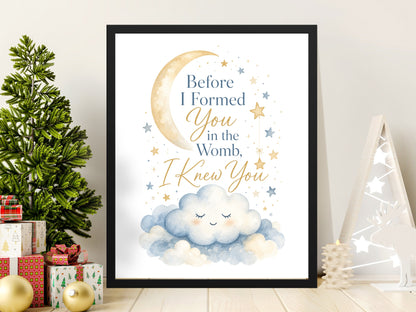 Framed artwork with text "Before I Formed You in the Womb, I Knew You".
