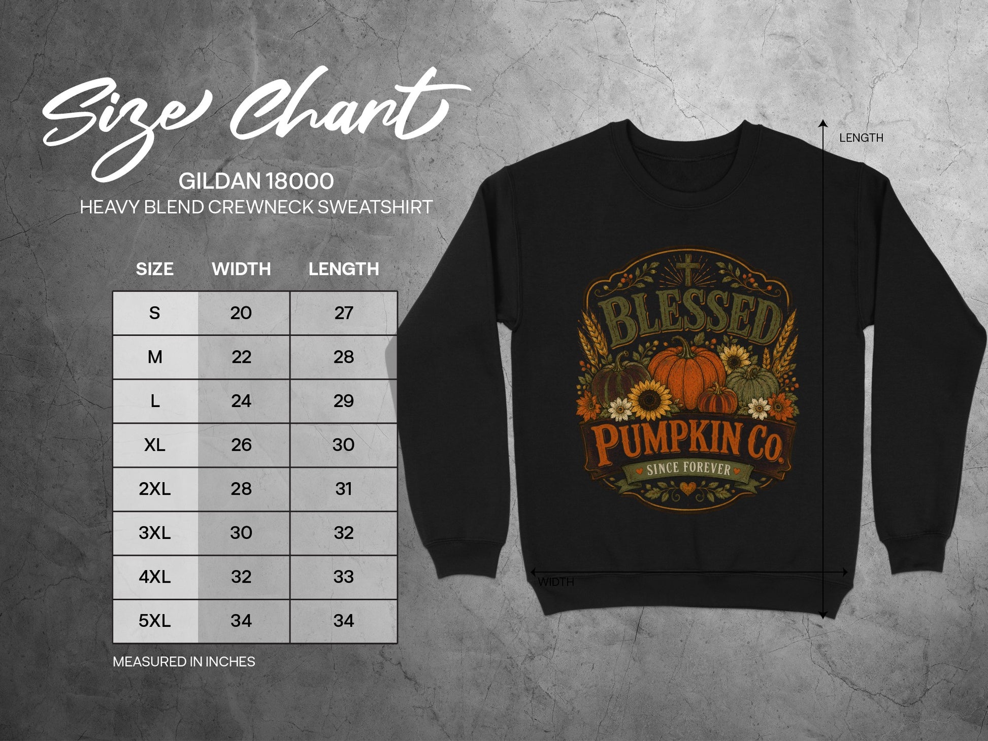 Gildan 18000 sweatshirt size chart with "Blessed Pumpkin Co." graphic.