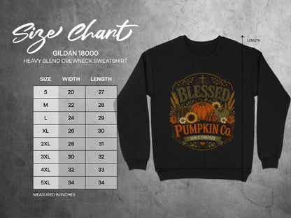 Gildan 18000 sweatshirt size chart with "Blessed Pumpkin Co." graphic.
