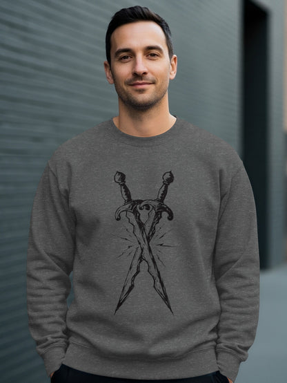 Man wearing a dark gray sweatshirt with crossed swords graphic.