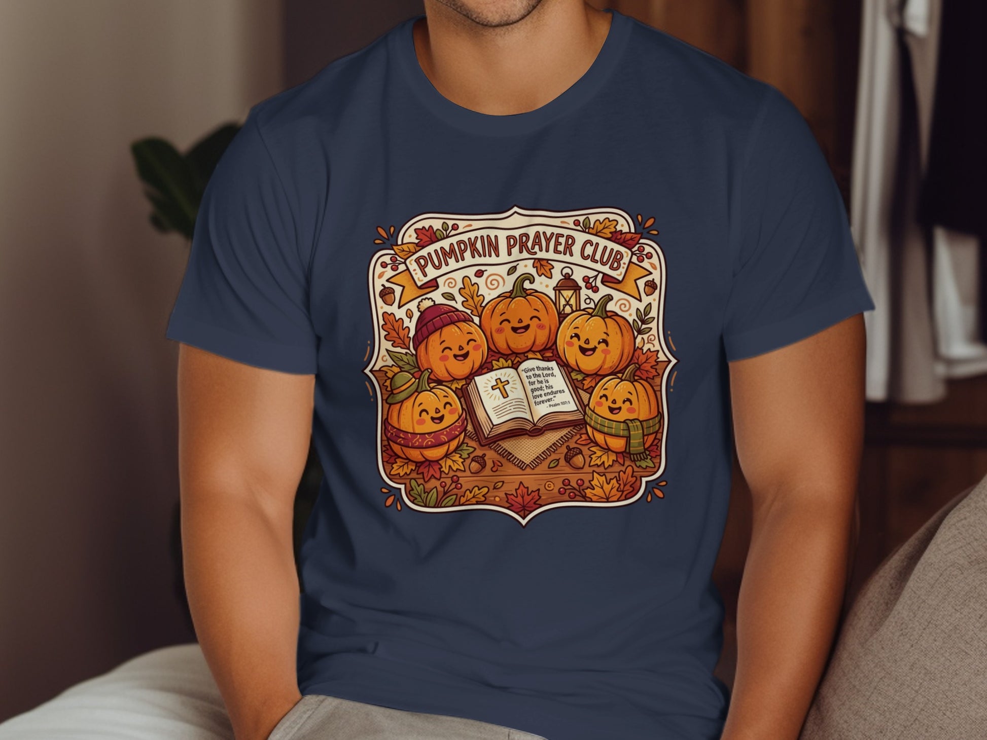 Pumpkin Prayer Club with smiling pumpkins reading a Bible verse.