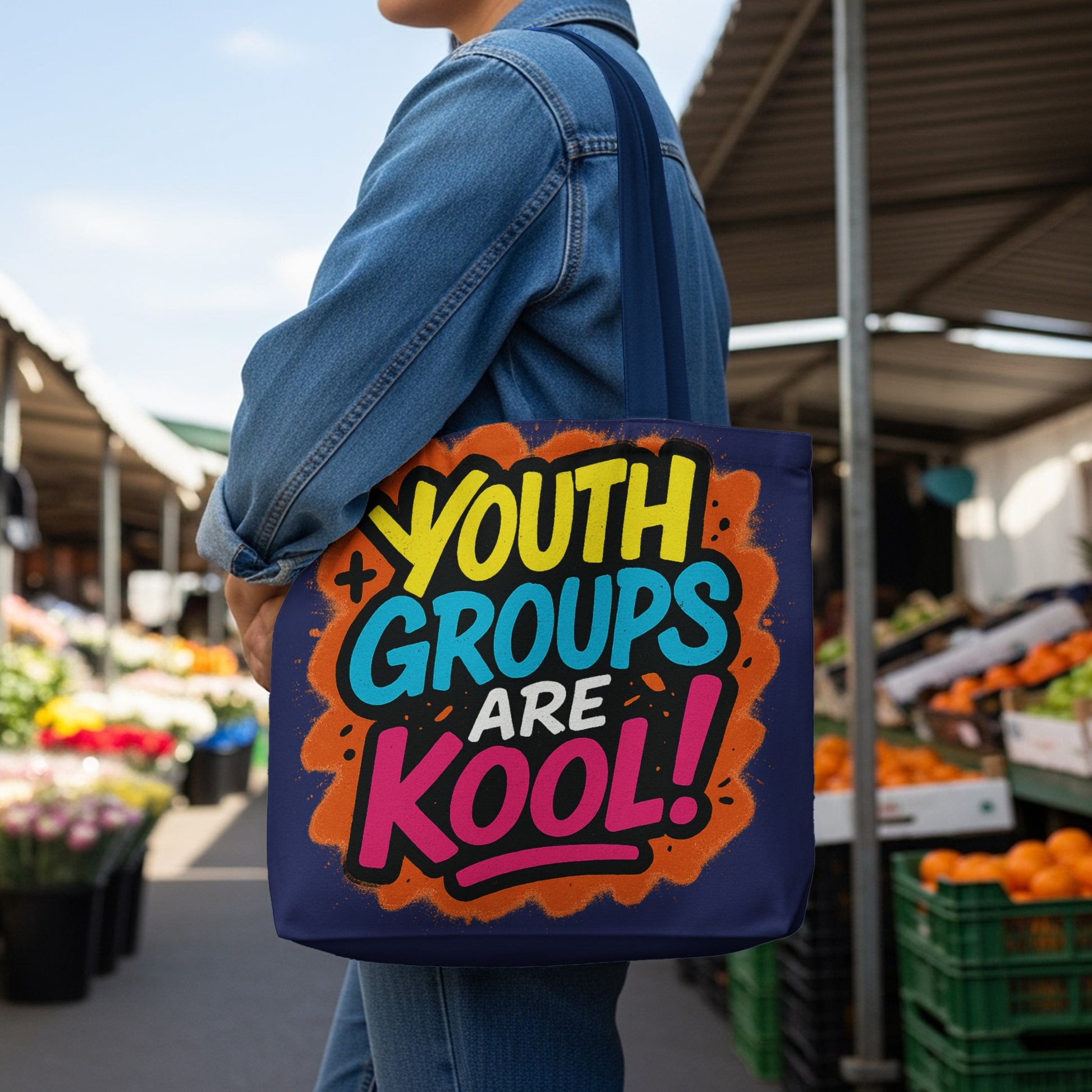 Navy tote bag with colorful "Youth Groups Are Kool!" graffiti-style text.