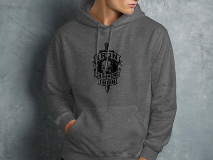 Dark grey hoodie with "Iron Sharpens Iron" ribbon and sword graphic.