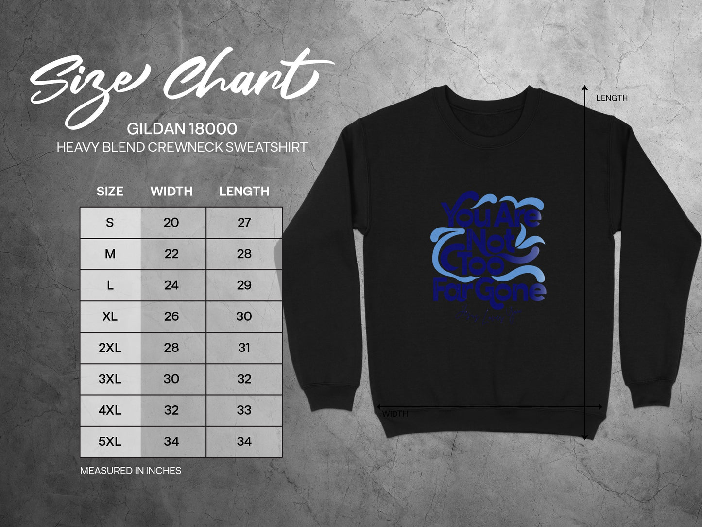 Gildan 18000 sweatshirt size chart with width and length measurements.