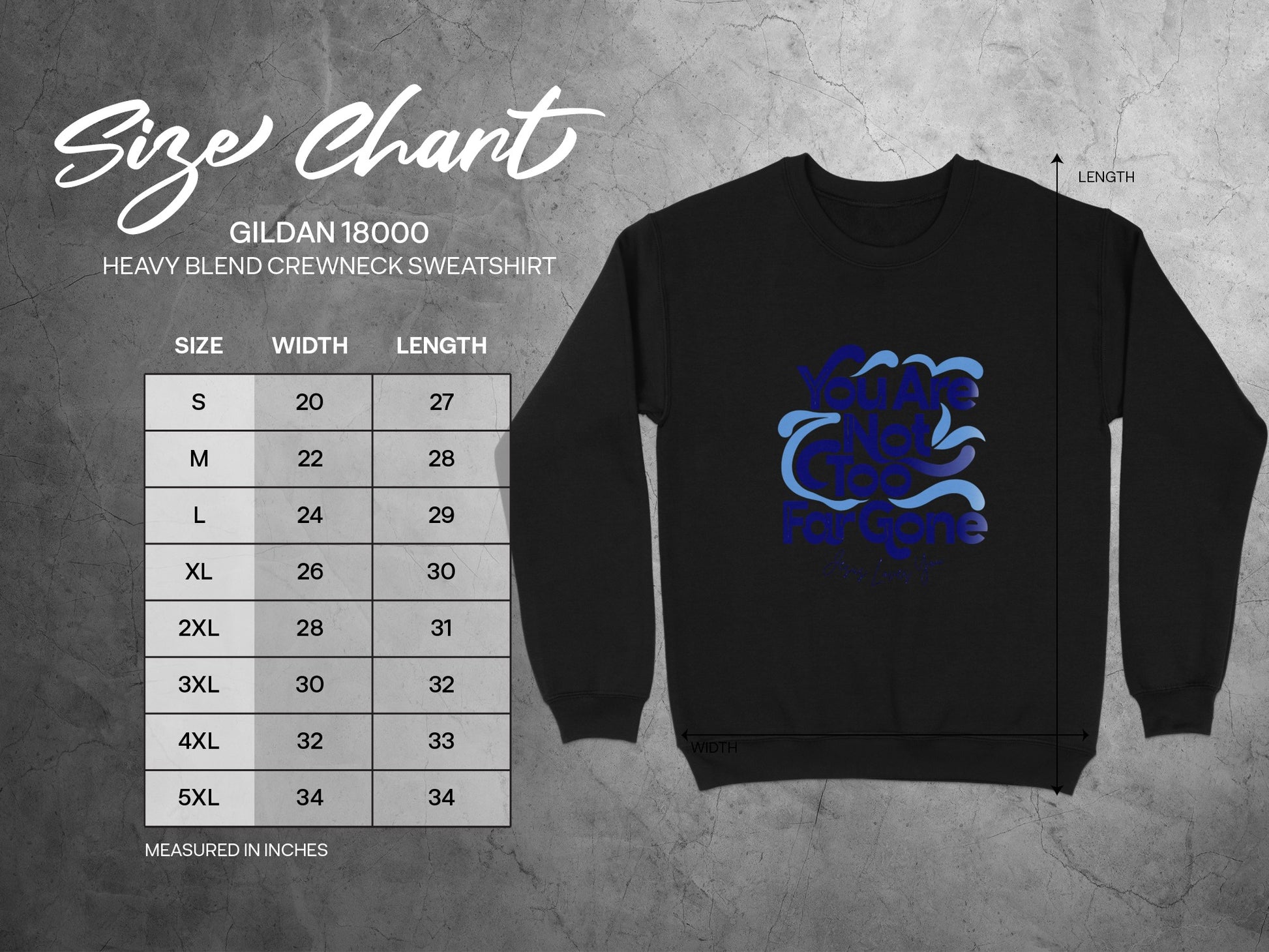 Gildan 18000 sweatshirt size chart with width and length measurements.