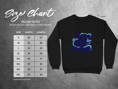 Gildan 18000 sweatshirt size chart with width and length measurements.