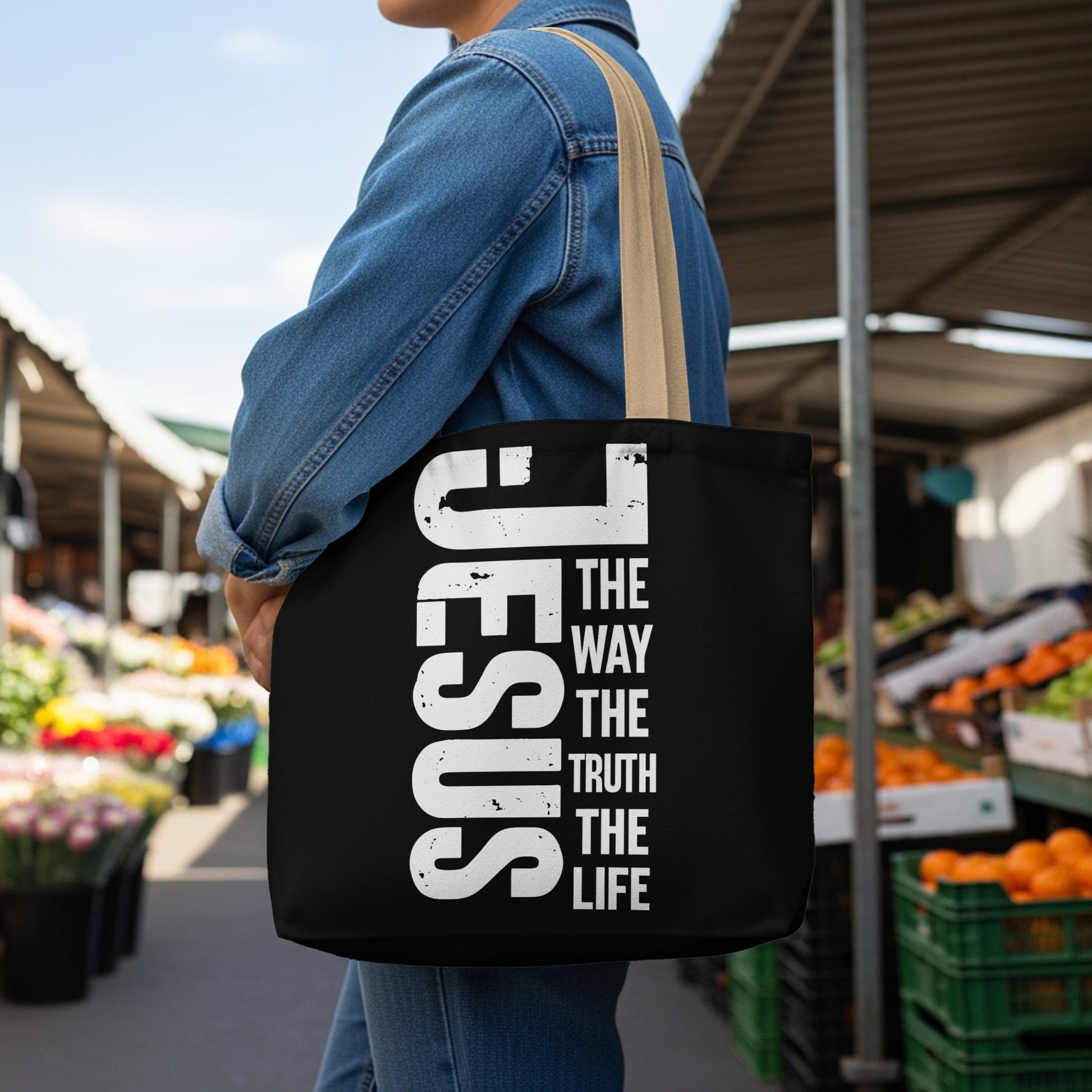 Black tote bag with "JESUS THE WAY THE TRUTH THE LIFE" text.