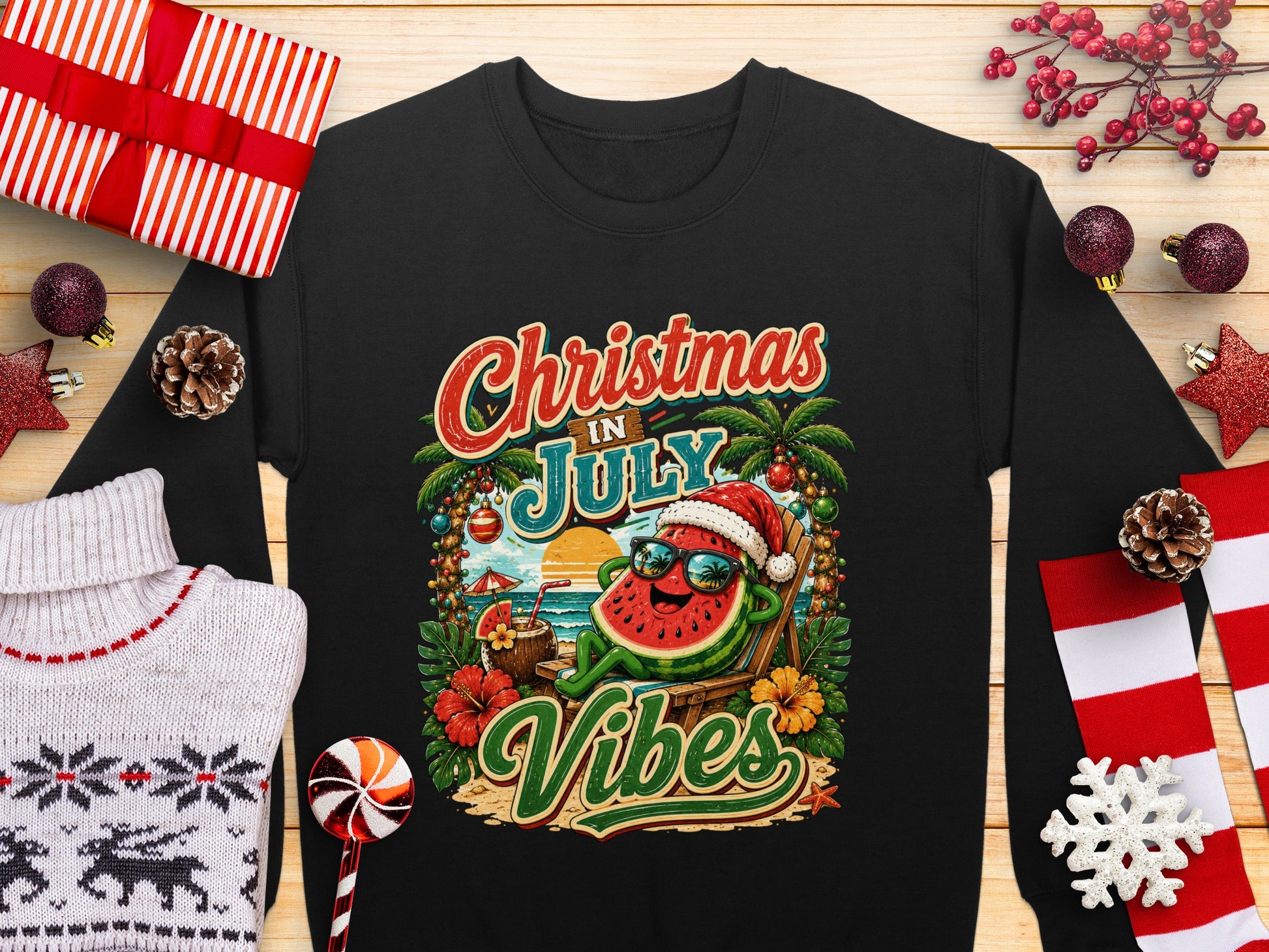 Christmas in July Vibes graphic with a watermelon character on a beach.