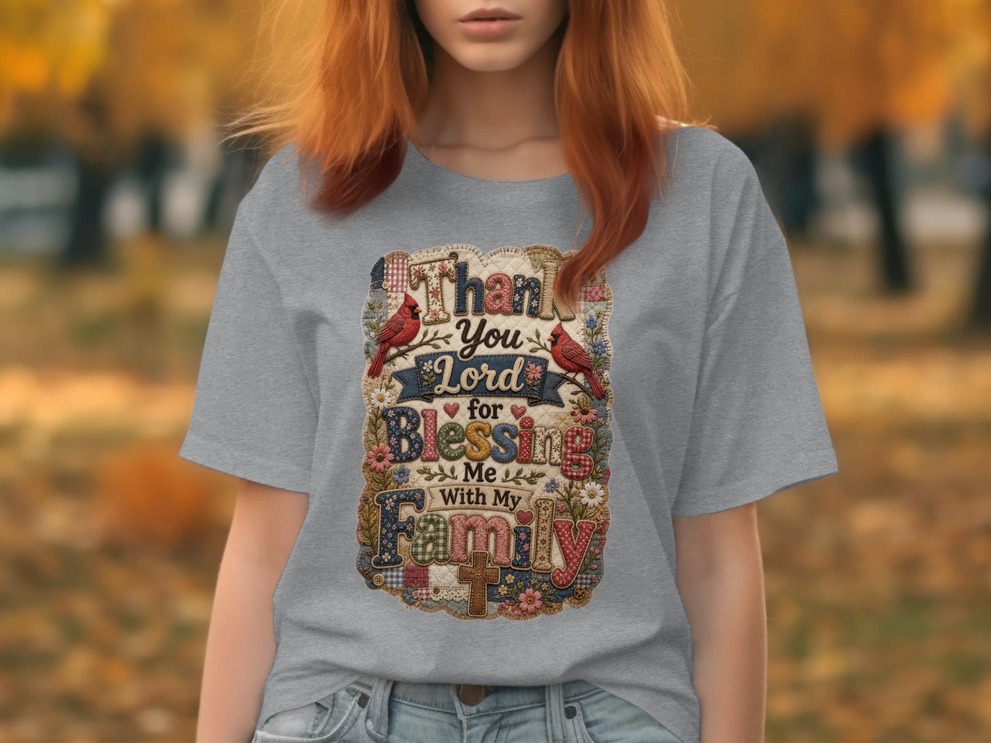 Gray t-shirt with "Thank You Lord for Blessing Me with My Family" text and floral embellishments.