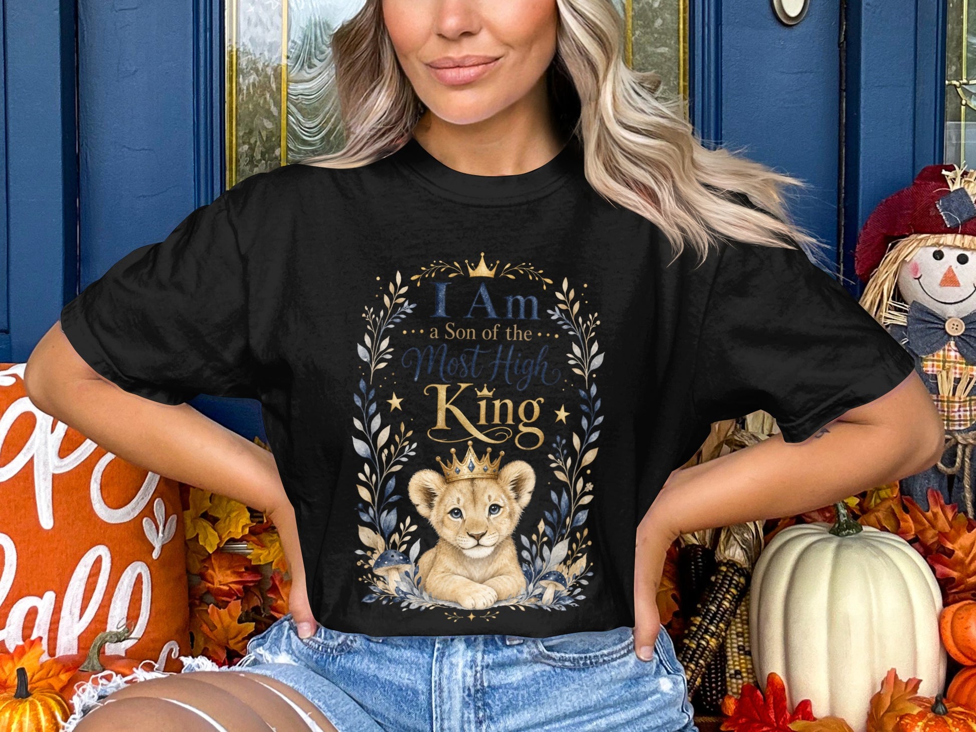 Black t-shirt with a lion cub graphic and text "I Am a Son of the Most High King".