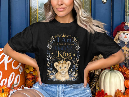Black t-shirt with a lion cub graphic and text "I Am a Son of the Most High King".