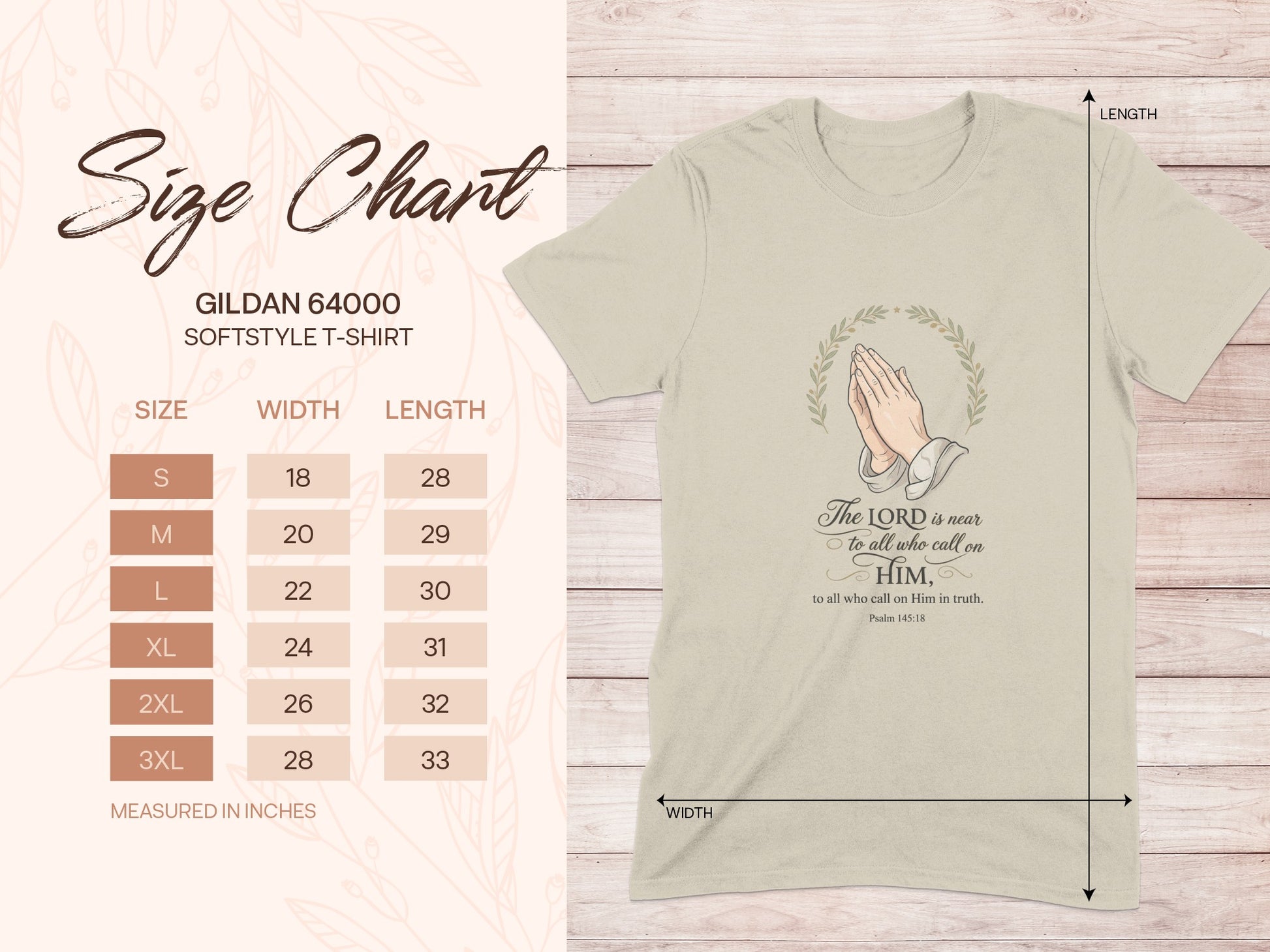 Gildan 64000 t-shirt size chart with measurements and Bible verse.