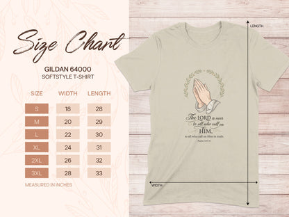 Gildan 64000 t-shirt size chart with measurements and Bible verse.