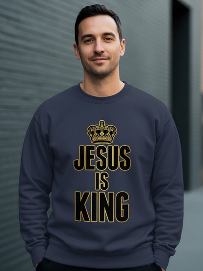Man wearing a dark blue sweatshirt with "JESUS IS KING" and a crown.